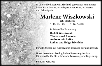Traueranzeige von Marlene Wiszkowski von Südthüringer Presse