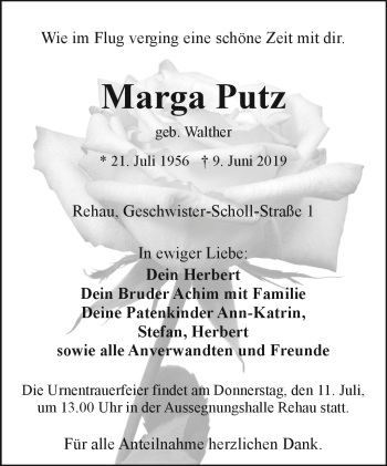 Traueranzeige von Marga Putz von Frankenpost
