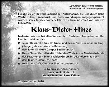 Traueranzeige von Klaus-Dieter Hinze von Südthüringer Presse