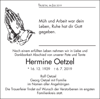 Traueranzeige von Hermine Oetzel von Südthüringer Presse