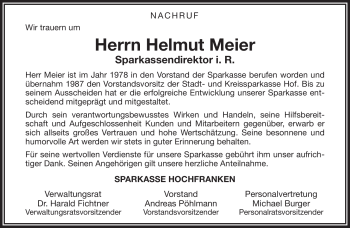 Traueranzeige von Helmut Meier von Frankenpost