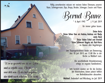 Traueranzeige von Bernd Banz von Südthüringer Presse