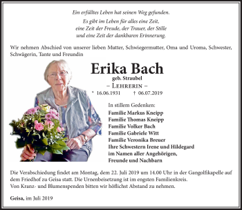 Traueranzeige von Erika Bach von Südthüringer Presse