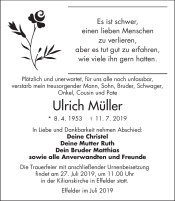 Traueranzeige von Ulrich Müller von Südthüringer Presse
