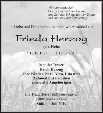 Traueranzeige von Frieda Herzog von Südthüringer Presse