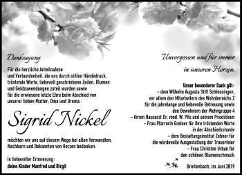 Traueranzeige von Sigrid Nickel von Südthüringer Presse