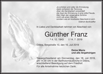 Traueranzeige von Günther Franz von Frankenpost