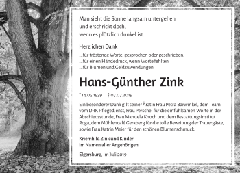 Traueranzeige von Hans-Günther Zink von Südthüringer Presse
