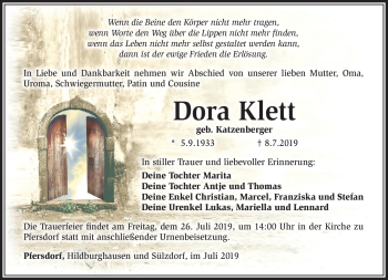 Traueranzeige von Dora Klett von Südthüringer Presse