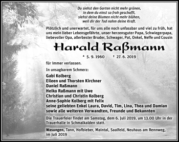 Traueranzeige von Harald Raßmann von Südthüringer Presse