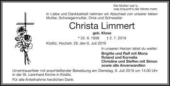 Traueranzeige von Christa Limmert von Frankenpost