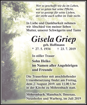 Traueranzeige von Gisela Griep von Südthüringer Presse