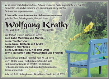 Traueranzeige von Wolfgang Kratky von Südthüringer Presse