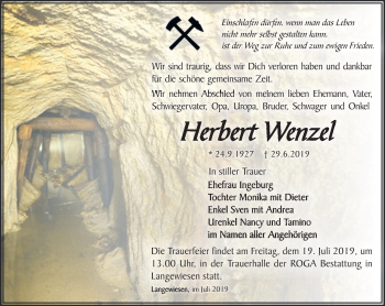 Traueranzeige von Herbert Wenzel von Südthüringer Presse
