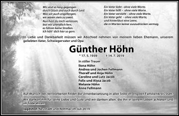 Traueranzeige von Günther Höhn von Südthüringer Presse