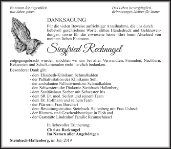 Traueranzeige von Siegfried Recknagel von Südthüringer Presse