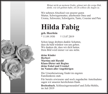 Traueranzeige von Hilda Fabig von Südthüringer Presse