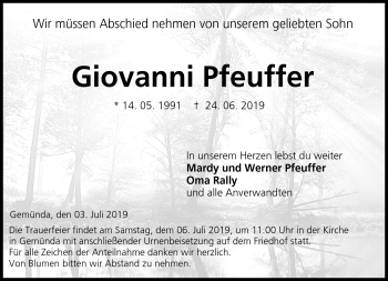 Traueranzeige von Giovanni Pfeuffer von Neue Presse Coburg
