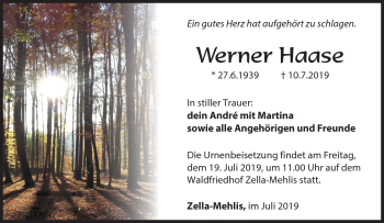 Traueranzeige von Werner Haase von Südthüringer Presse