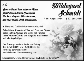 Traueranzeige von Hildegard Schmidt von Südthüringer Presse