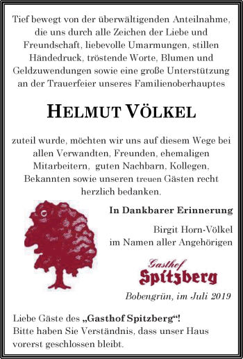 Traueranzeige von Helmut Völkel von Frankenpost