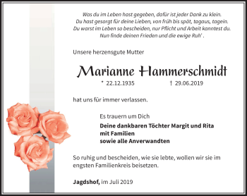 Traueranzeige von Marianne Hammerschmidt von Südthüringer Presse