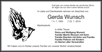 Traueranzeige von Gerda Wunsch von Frankenpost