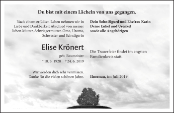 Traueranzeige von Elise Krönert von Südthüringer Presse