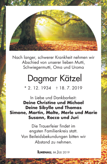 Traueranzeige von Dagmar Kätzel von Südthüringer Presse