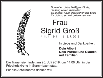 Traueranzeige von Sigrid Groß von Frankenpost