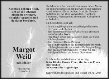 Traueranzeige von Margot Weiß von Südthüringer Presse