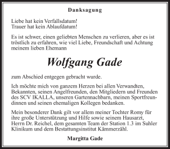 Traueranzeige von Wolfgang Gade von Südthüringer Presse