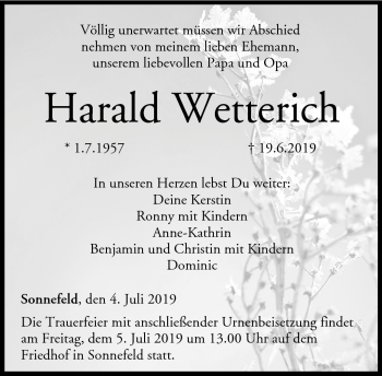 Traueranzeige von Harald Wetterich von Neue Presse Coburg