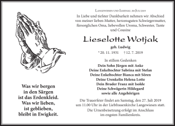 Traueranzeige von Lieselotte Wotjak von Südthüringer Presse