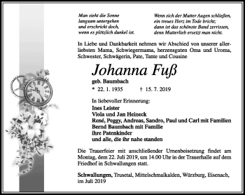 Traueranzeige von Johanna Fuß von Südthüringer Presse