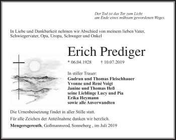 Traueranzeige von Erich Prediger von Südthüringer Presse