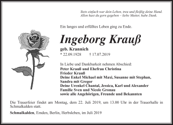 Traueranzeige von Ingeborg Krauß von Südthüringer Presse