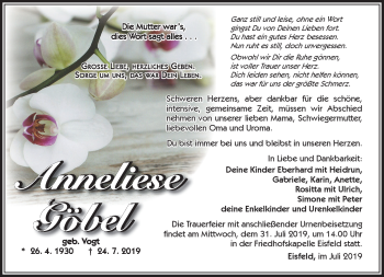 Traueranzeige von Anneliese Göbel von Südthüringer Presse