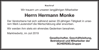 Traueranzeige von Hermann Monke von Frankenpost