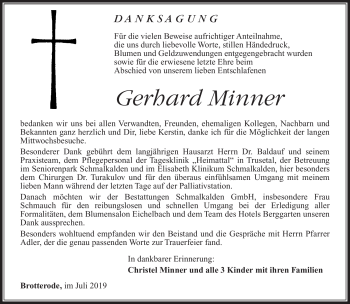 Traueranzeige von Gerhard Minner von Südthüringer Presse