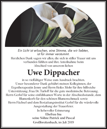 Traueranzeige von Uwe Dippacher von Südthüringer Presse