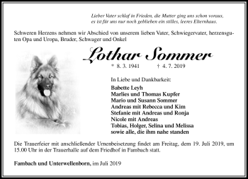 Traueranzeige von Lother Sommer von Südthüringer Presse