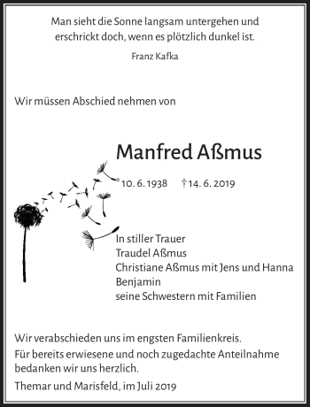 Traueranzeige von Manfred Aßmus von Südthüringer Presse