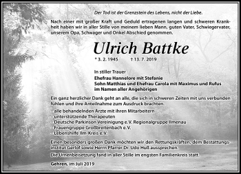 Traueranzeige von Ulrich Battke von Südthüringer Presse