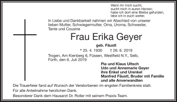 Traueranzeige von Erika Geyer von Frankenpost