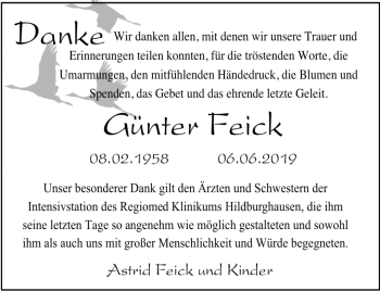Traueranzeige von Günter Feick von Südthüringer Presse