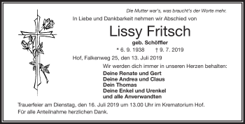 Traueranzeige von Lissy Fritsch von Frankenpost