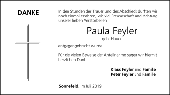 Traueranzeige von Paula Feyler von Neue Presse Coburg