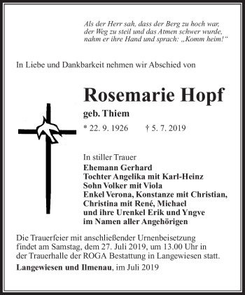 Traueranzeige von Rosemarie Hopf von Südthüringer Presse
