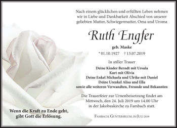 Traueranzeige von Ruth Engfer von Südthüringer Presse